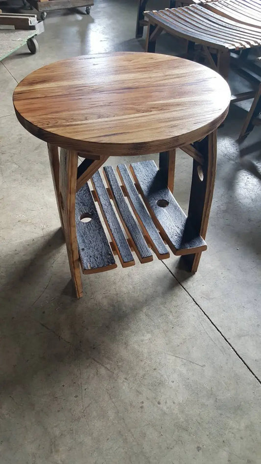 Rustic Whiskey Barrel Stave End Table with Burnt Hickory Top