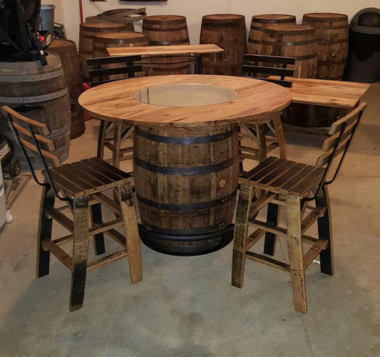 Whiskey Barrel Bar Table Set with Stools – 48” Burnt Hickory Top Rustic Bar Set