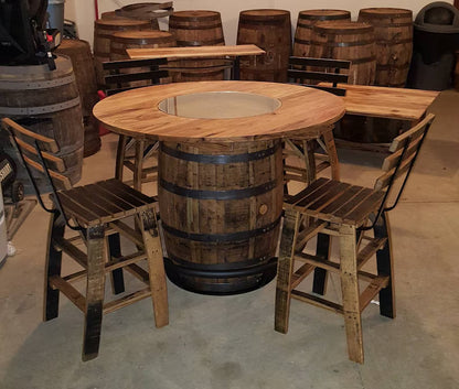 Whiskey Barrel Bar Table Set with Stools – 48” Burnt Hickory Top Rustic Bar Set