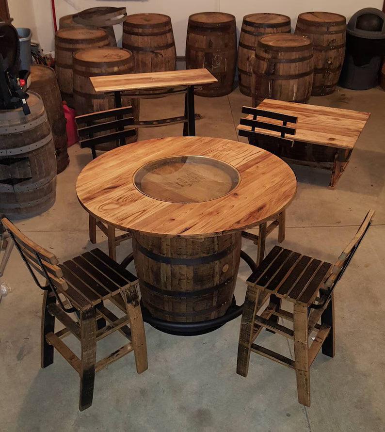 Whiskey Barrel Bar Table Set with Stools – 48” Burnt Hickory Top Rustic Bar Set