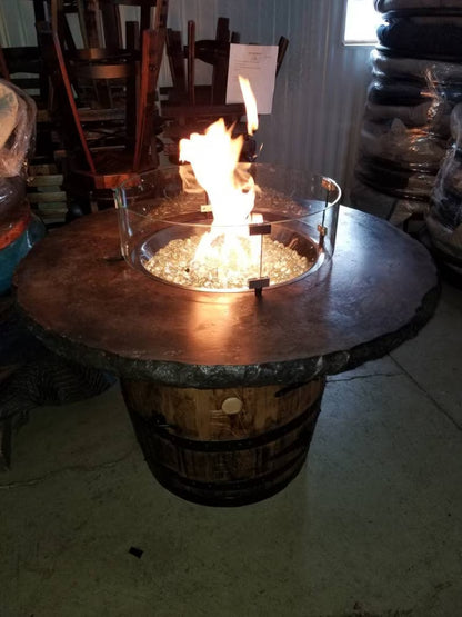 Whiskey Barrel Fire Pit Table with Concrete Top – 44” Outdoor Propane Fire Table