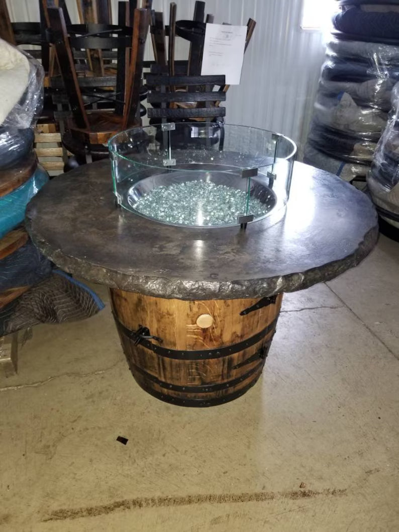 Whiskey Barrel Fire Pit Table with Concrete Top – 44” Outdoor Propane Fire Table