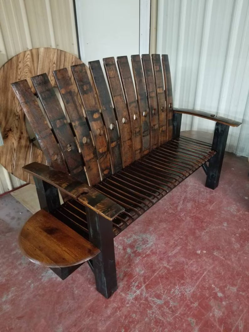Whiskey Barrel Stave Bench with Built-In End Tables | Rustic Outdoor Seating (82")