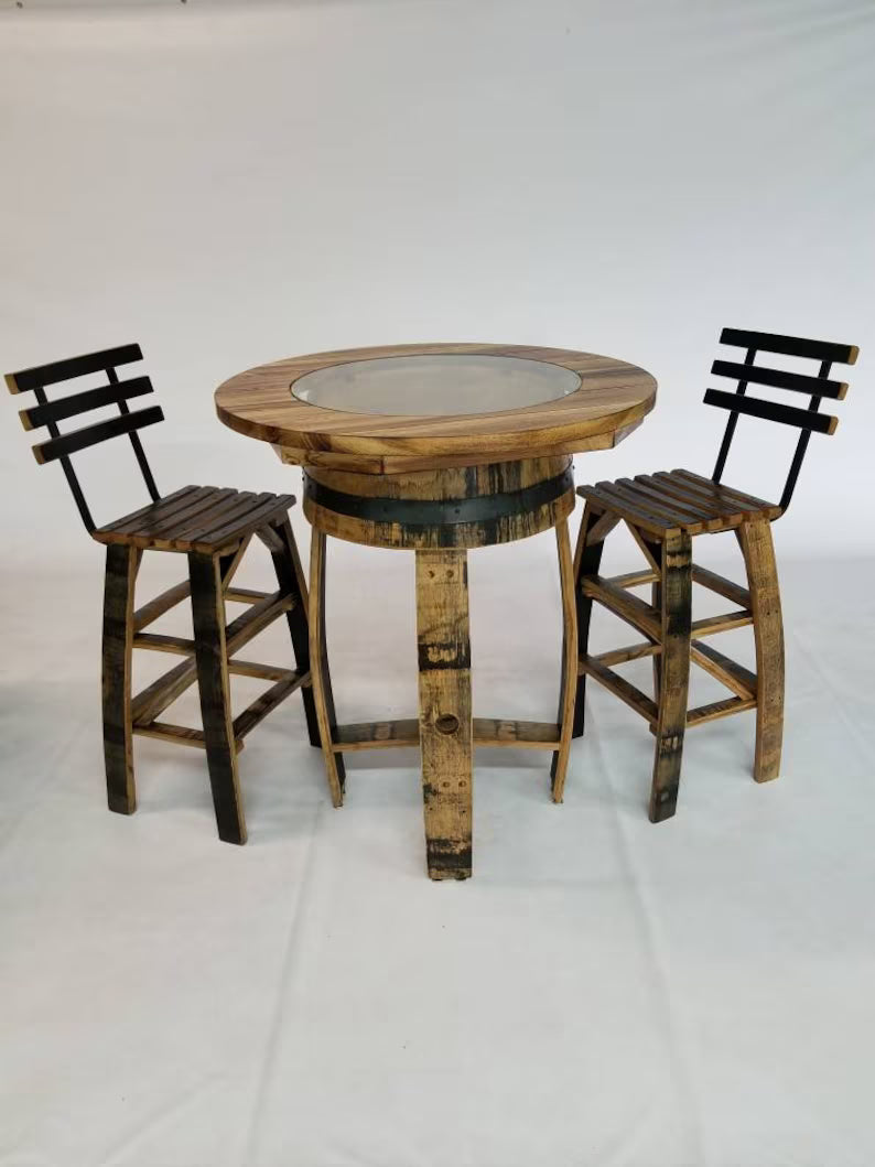 Whiskey Barrel Pub Table Set with Barrel Stave Chairs | Rustic Hickory Bar Set