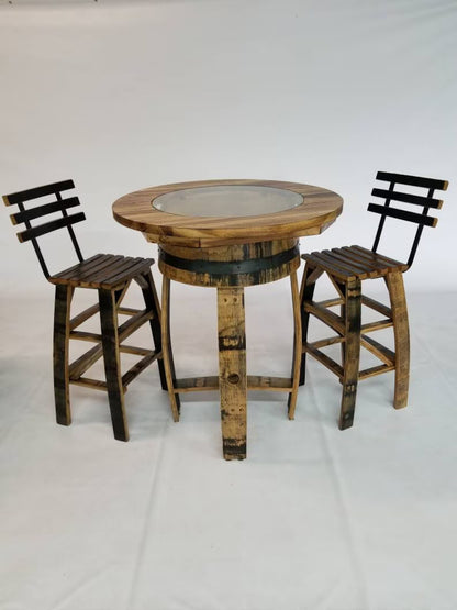 Whiskey Barrel Pub Table Set with Barrel Stave Chairs | Rustic Hickory Bar Set