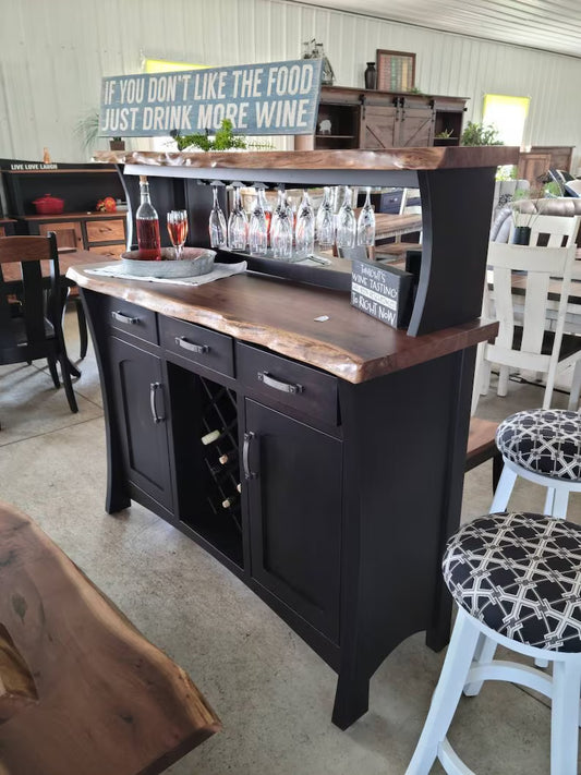 Rustic Live Edge Oak Wine Buffet Cabinet with Mirror | Handmade Wood Wine Bar Console