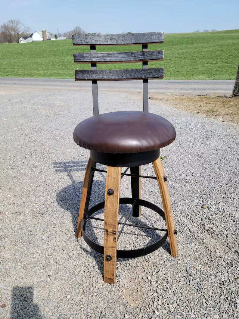 Handcrafted Whiskey Barrel Stave Bar Stool | Rustic Pub Seating