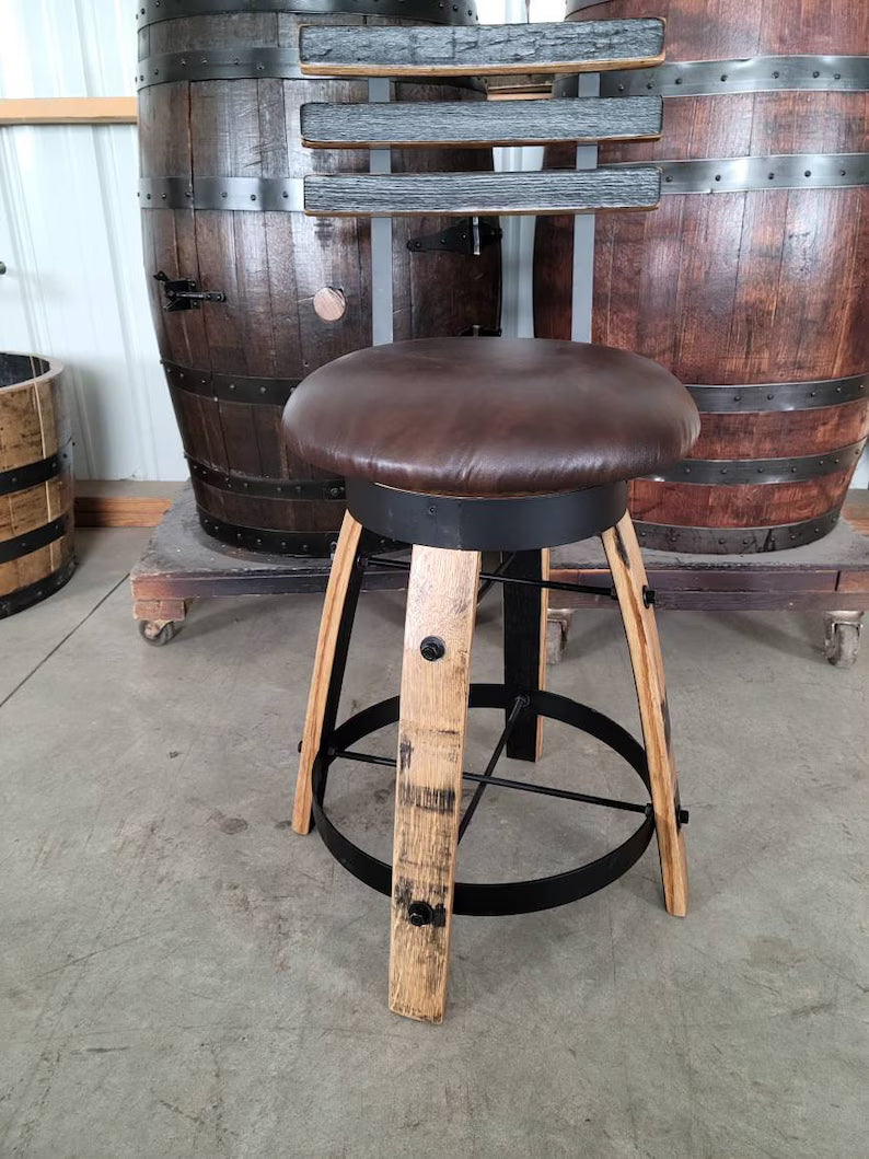 Handcrafted Whiskey Barrel Stave Bar Stool | Rustic Pub Seating