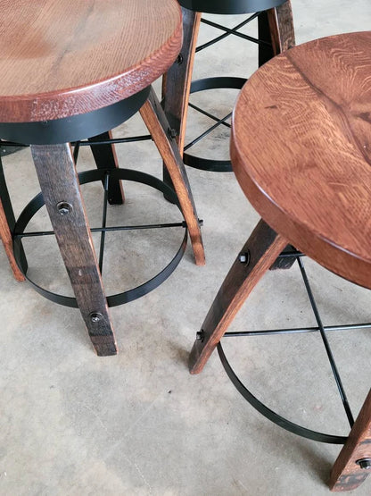 Whiskey Barrel Stave Swivel Bar Stool with Wooden Seat | Made in USA (24” & 30”)