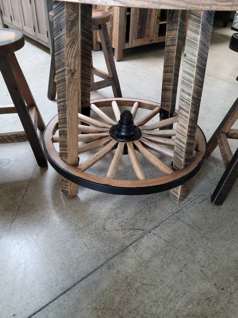 Reclaimed Wagon Wheel Dining Table Set – 48” Round Barnwood Table with 4 Stools