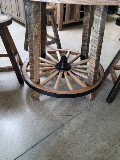 Reclaimed Wagon Wheel Dining Table Set – 48” Round Barnwood Table with 4 Stools