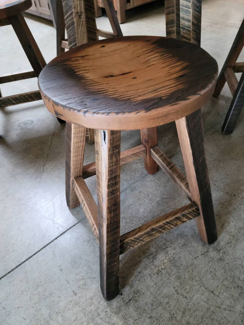 Reclaimed Wagon Wheel Dining Table Set – 48” Round Barnwood Table with 4 Stools