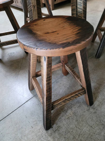 Reclaimed Wagon Wheel Dining Table Set – 48” Round Barnwood Table with 4 Stools