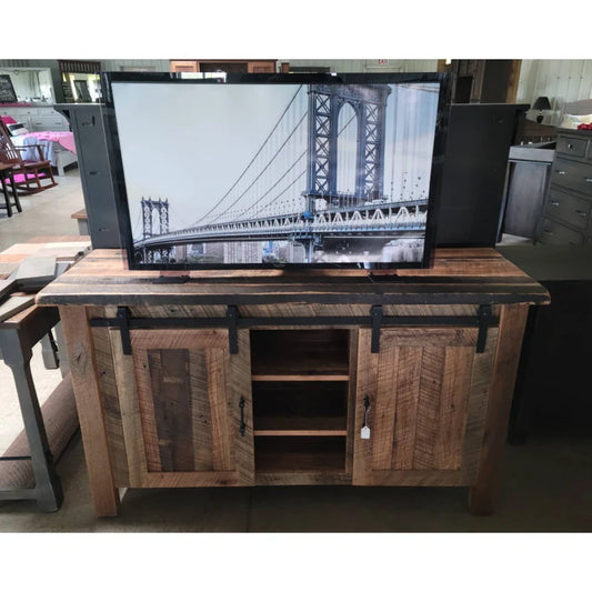Handcrafted Reclaimed Barnwood TV Stand with Sliding Barn Doors