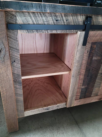 Handcrafted Reclaimed Barnwood TV Stand with Sliding Barn Doors