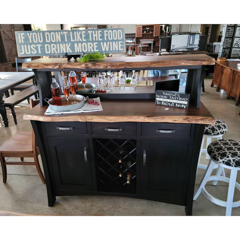 Rustic Live Edge Oak Wine Buffet Cabinet with Mirror | Handmade Wood Wine Bar Console