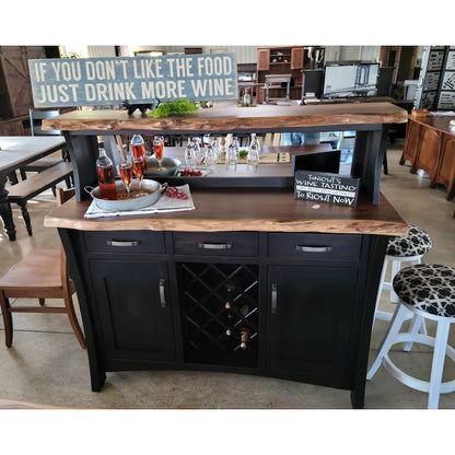 Rustic Live Edge Oak Wine Buffet Cabinet with Mirror | Handmade Wood Wine Bar Console
