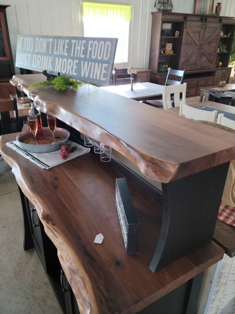 Rustic Live Edge Oak Wine Buffet Cabinet with Mirror | Handmade Wood Wine Bar Console