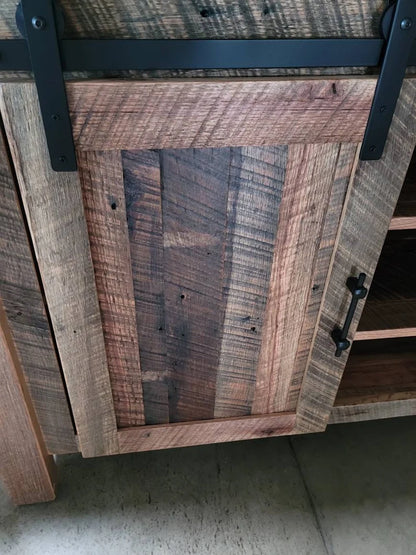 Handcrafted Reclaimed Barnwood TV Stand with Sliding Barn Doors