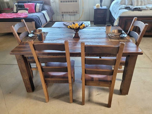 Reclaimed Barnwood Dining Table Set – Amish Oak Table with Chairs & Bench