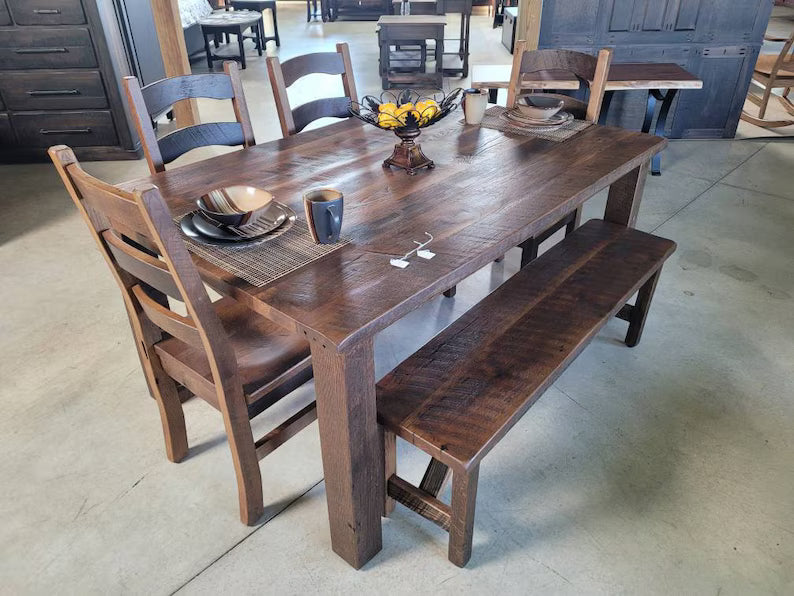 Reclaimed Barnwood Dining Table Set – Amish Oak Table with Chairs & Bench