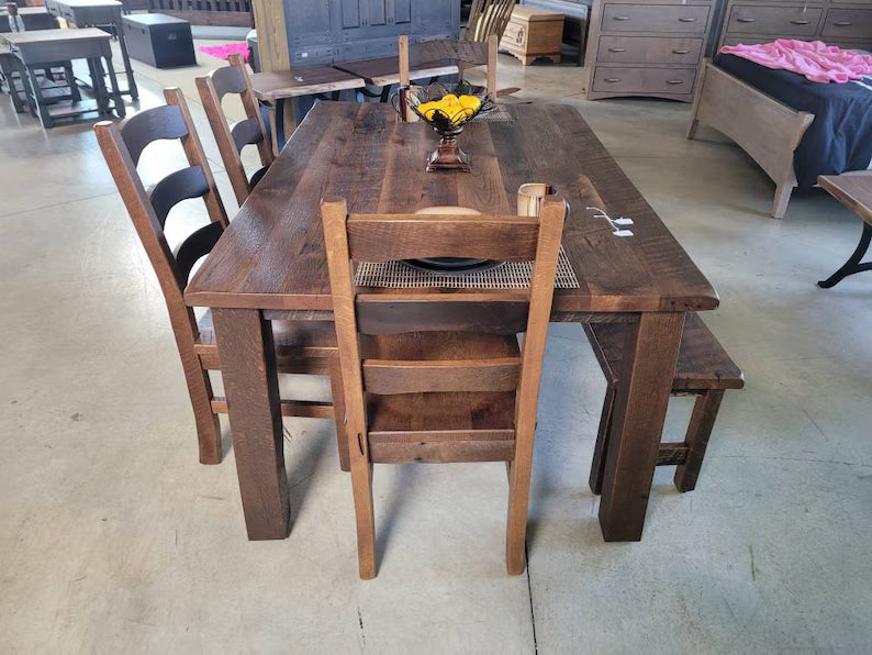 Reclaimed Barnwood Dining Table Set – Amish Oak Table with Chairs & Bench