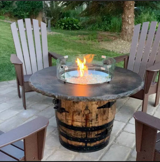 Whiskey Barrel Fire Pit Table with Concrete Top – 44” Outdoor Propane Fire Table