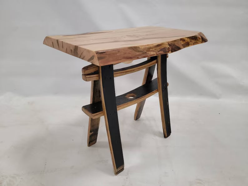 Live Edge Maple End Table with Whiskey Barrel Stave Legs – Rustic Side Table