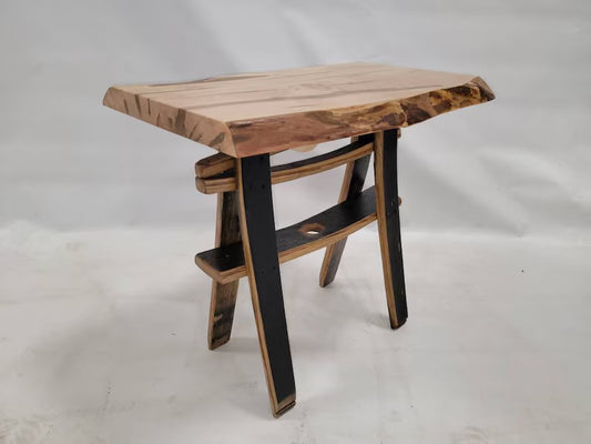 Live Edge Maple End Table with Whiskey Barrel Stave Legs – Rustic Side Table