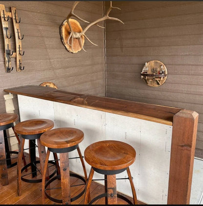 Whiskey Barrel Stave Swivel Bar Stool with Wooden Seat | Made in USA (24” & 30”)