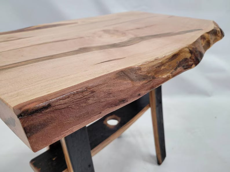 Live Edge Maple End Table with Whiskey Barrel Stave Legs – Rustic Side Table