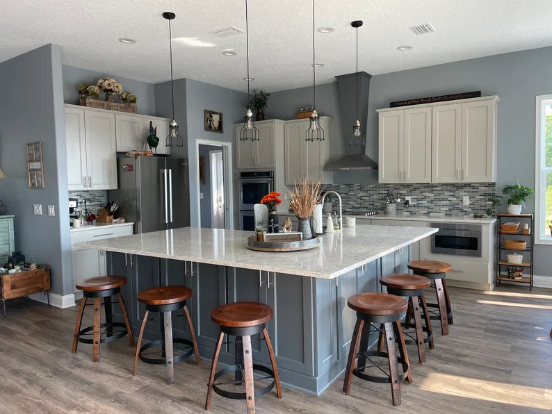 Whiskey Barrel Stave Swivel Bar Stool with Wooden Seat | Made in USA (24” & 30”)