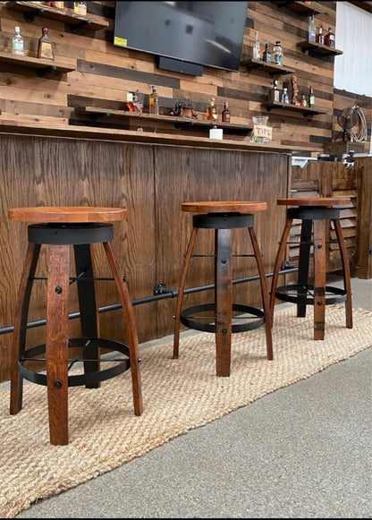 Whiskey Barrel Stave Swivel Bar Stool with Wooden Seat | Made in USA (24” & 30”)