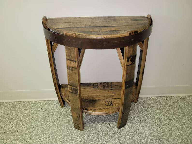 Rustic Whiskey Barrel Stave Side Table | Handmade Reclaimed White Oak Furniture