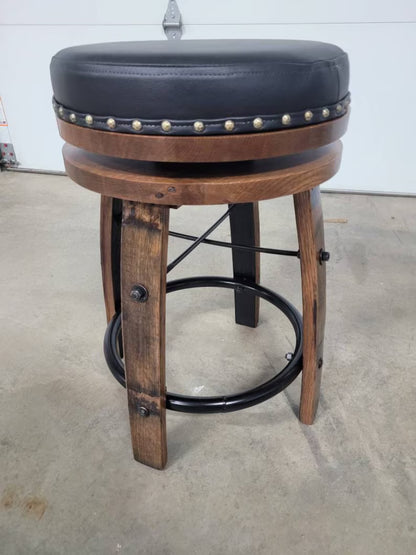 Amish Whiskey Barrel Bar Stool – Rustic Leather Seat Stave Stool Made in USA