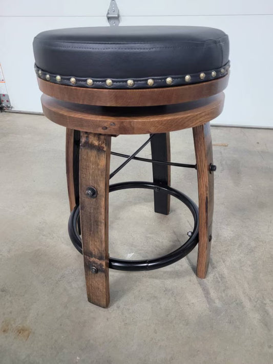Amish Whiskey Barrel Bar Stool – Leather Seat Stave Stool Made in USA (24”/30”)