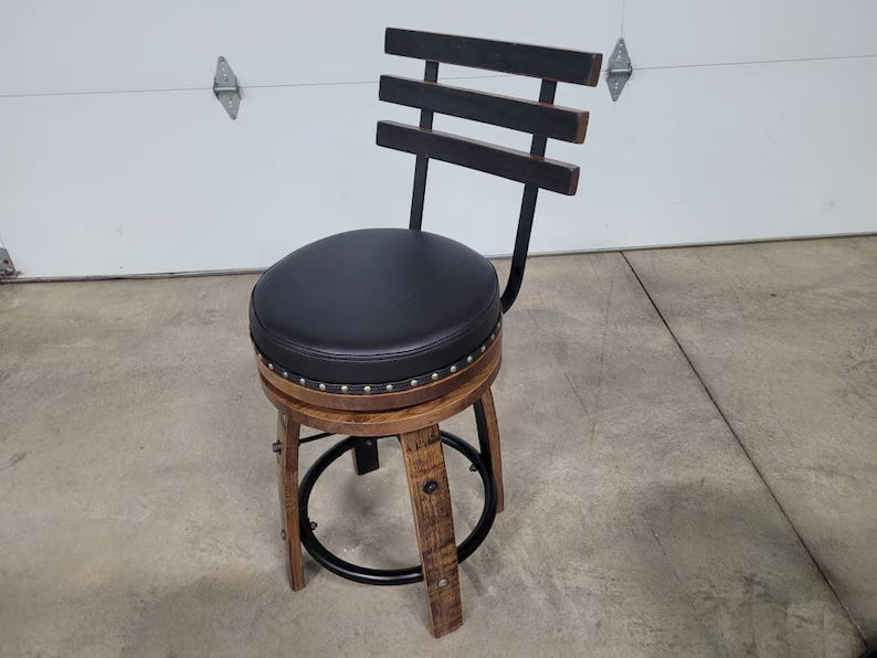 Amish Whiskey Barrel Bar Stool – Rustic Leather Seat Stave Stool Made in USA