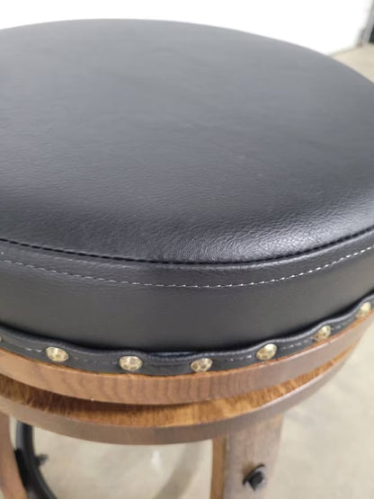 Amish Whiskey Barrel Bar Stool – Rustic Leather Seat Stave Stool Made in USA