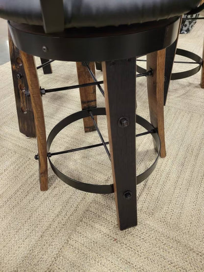 Whiskey Barrel Stave Bar Stool – Rustic Handmade Pub Stool with Cushion