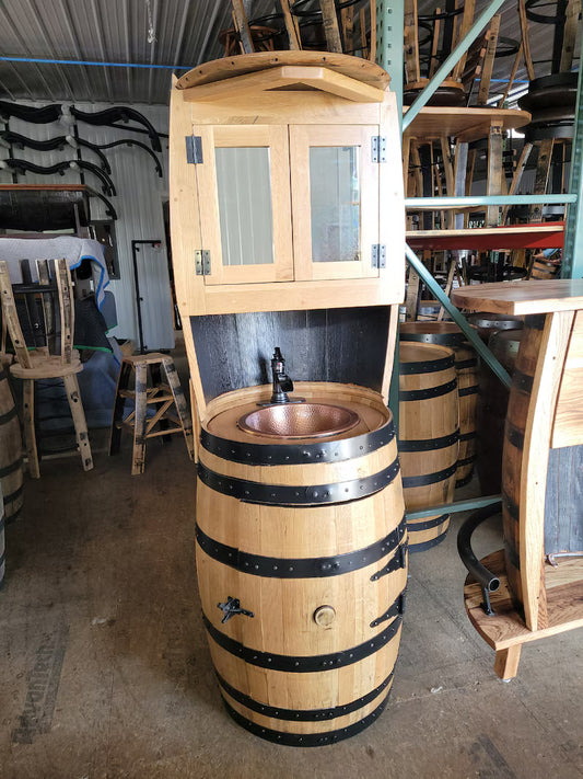 Whiskey Barrel Hutch Vanity with Copper Sink & Storage | Authentic Bourbon Barrel Cabinet