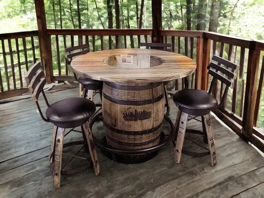Jack Daniels Whiskey Barrel Table Set, Stave Stools, Glass Inlay, Metal Footrest