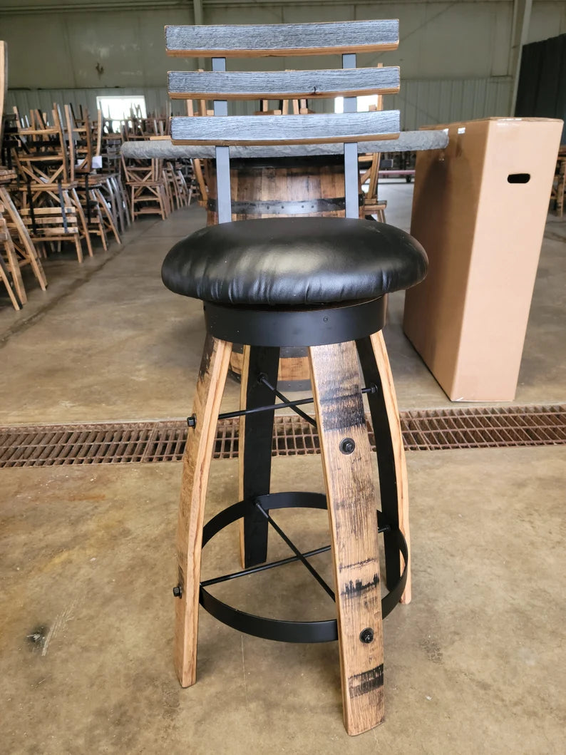 Jack Daniels Whiskey Barrel Table Set, Stave Stools, Glass Inlay, Metal Footrest