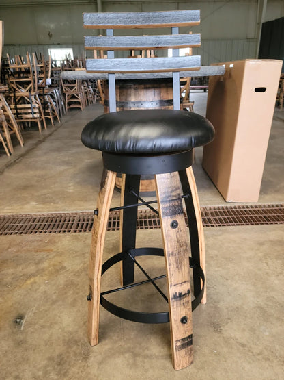 Jack Daniels Whiskey Barrel Table Set, Stave Stools, Glass Inlay, Metal Footrest