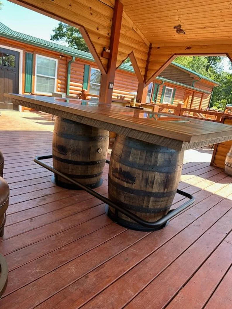 Jack Daniel’s® Whiskey Barrel Table | Double Barrel Bar Table with Reclaimed Wood Top (84")