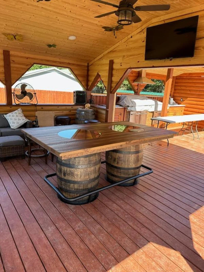 Jack Daniel’s® Whiskey Barrel Table | Double Barrel Bar Table with Reclaimed Wood Top (84")