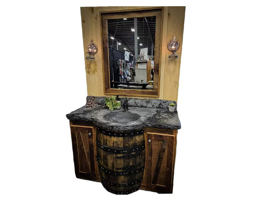 Amish Whiskey Barrel Vanity with Concrete Sink | Reclaimed Wood Bathroom Vanity