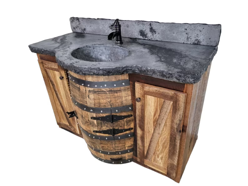 Amish Whiskey Barrel Vanity with Concrete Sink | Reclaimed Wood Bathroom Vanity