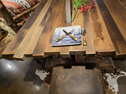 Old West Reclaimed Barn Wood Wagon Wheel Table Set with Bar Stools