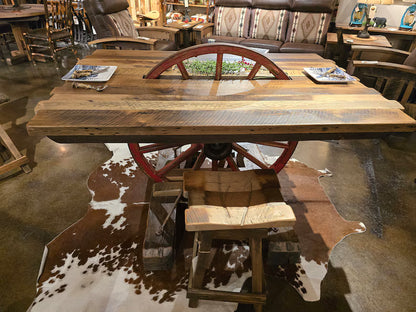 Old West Reclaimed Barn Wood Wagon Wheel Table Set with Bar Stools