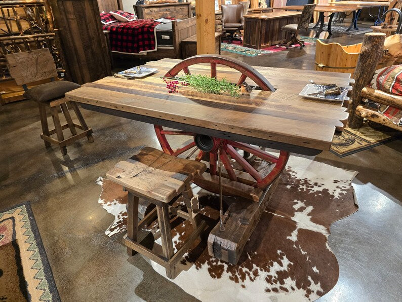 Old West Reclaimed Barn Wood Wagon Wheel Table Set with Bar Stools